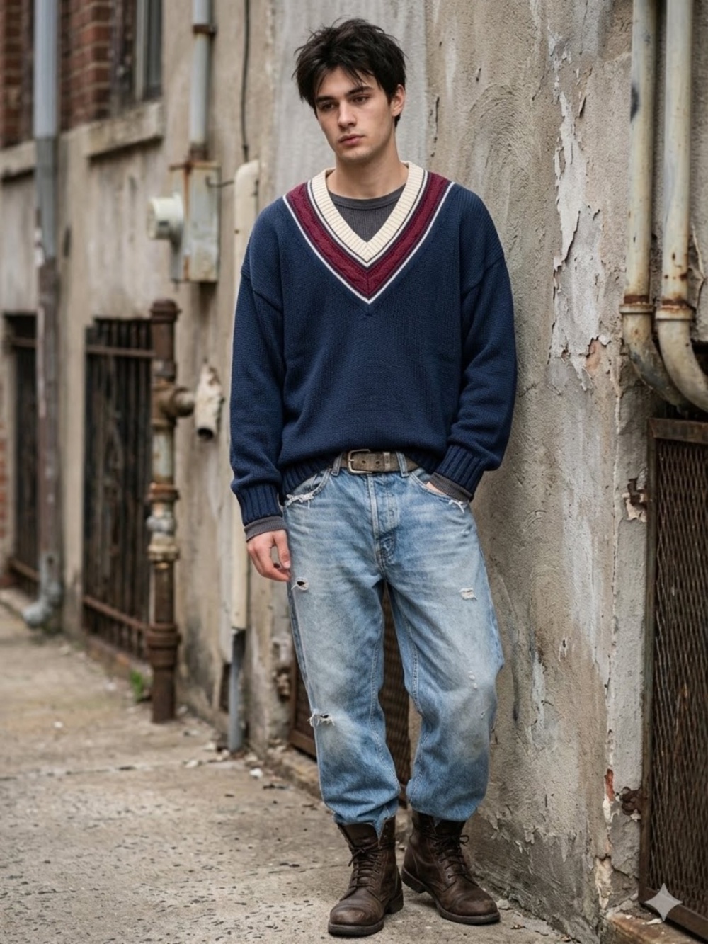 vintage checkpoint men knit sweater M navy blue v neck grandpacore academia